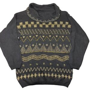 Victoria Jones Beaded Cowl Neck Sweater Womens Medium Black Gold Embellished 3D